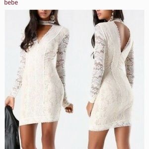 Bebe Mock Neck Lace Long Sleeve Mini Dress